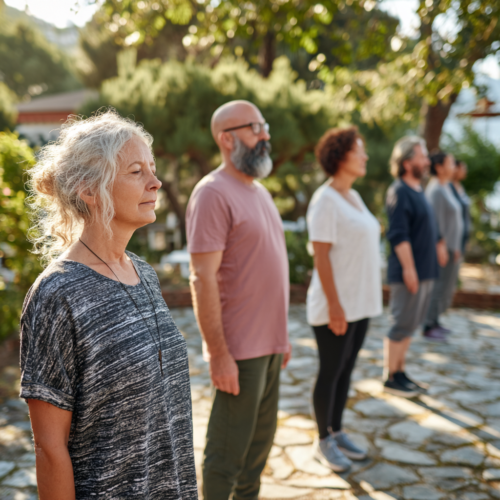Group of middle-aged adults practicing outdoor mobility exercises together in peaceful environment