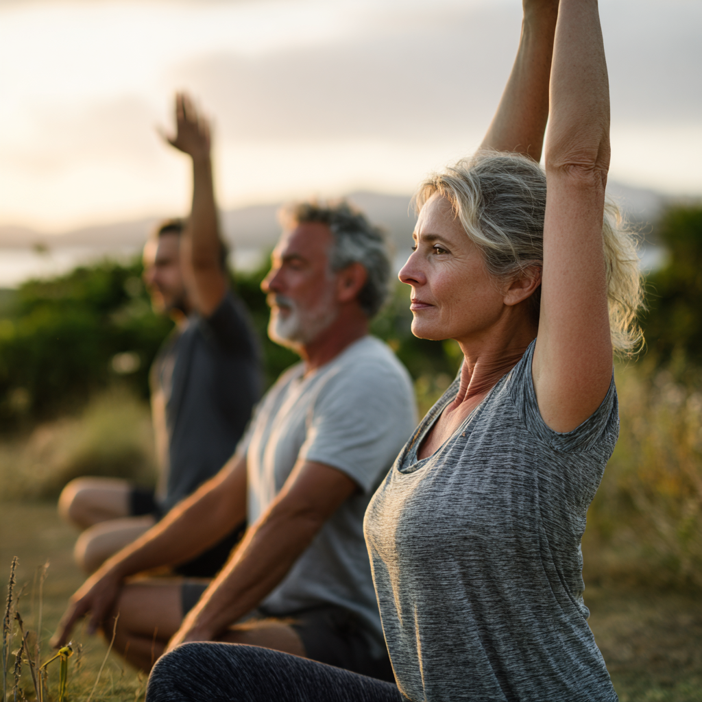 Middle-aged adults practicing gentle mobility exercises in natural outdoor setting