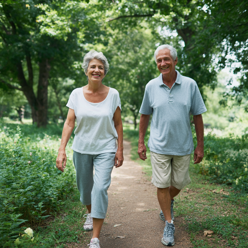 Older adults enjoying walking exercise in natural park environment